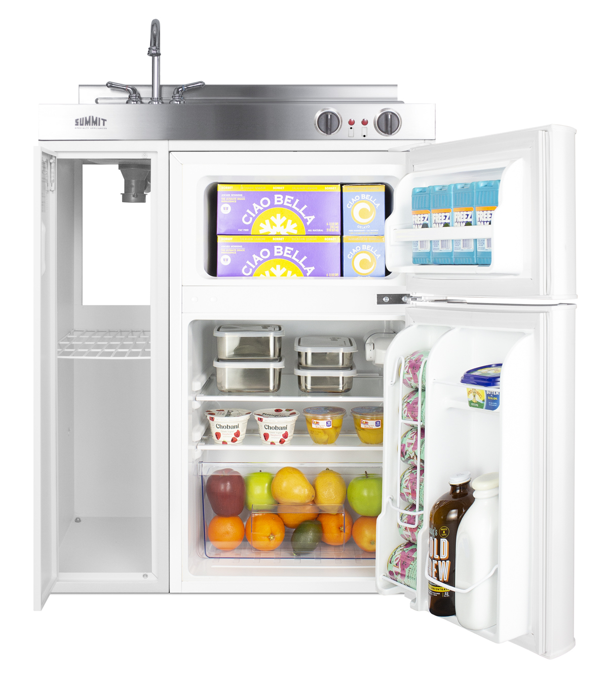 30 inch wide all-in-one kitchenette with 2-burner 115V coil cooktop, refrigerator-freezer, sink, and storage cabinet